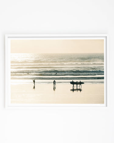 photography art print of Muriwai Beach sunset surf session with surfers