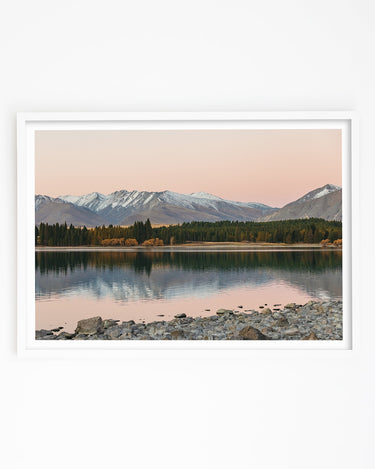 Lake Tekapo Art print with snowy mountains in the background